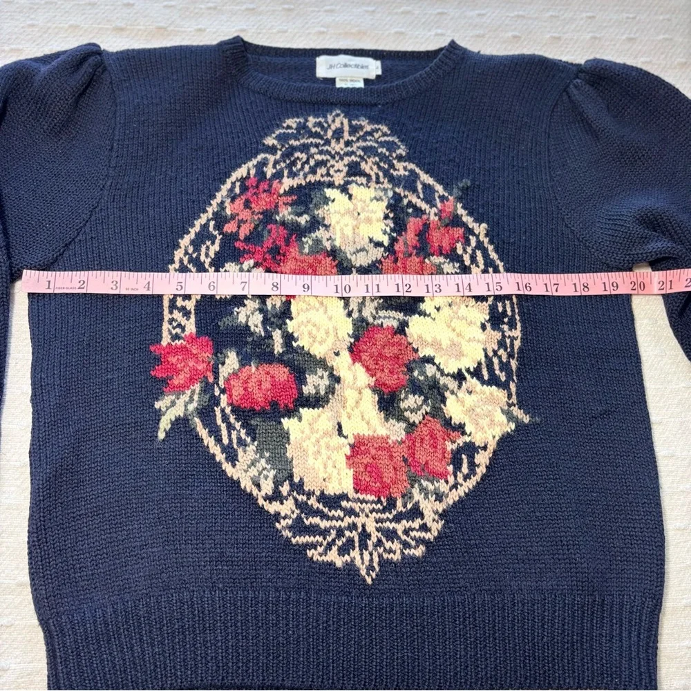 JH Collectibles Vintage 80s Navy Wool Floral Knit‎ Puff Shoulder Cardigan L